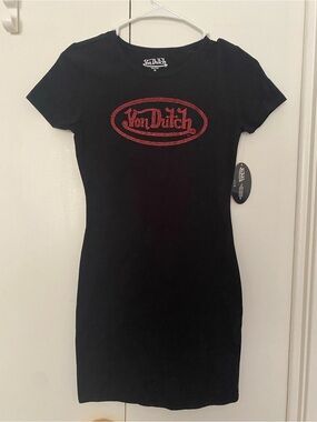 NWT Von Dutch Black Tee Dress with Red Rhinestone Logo